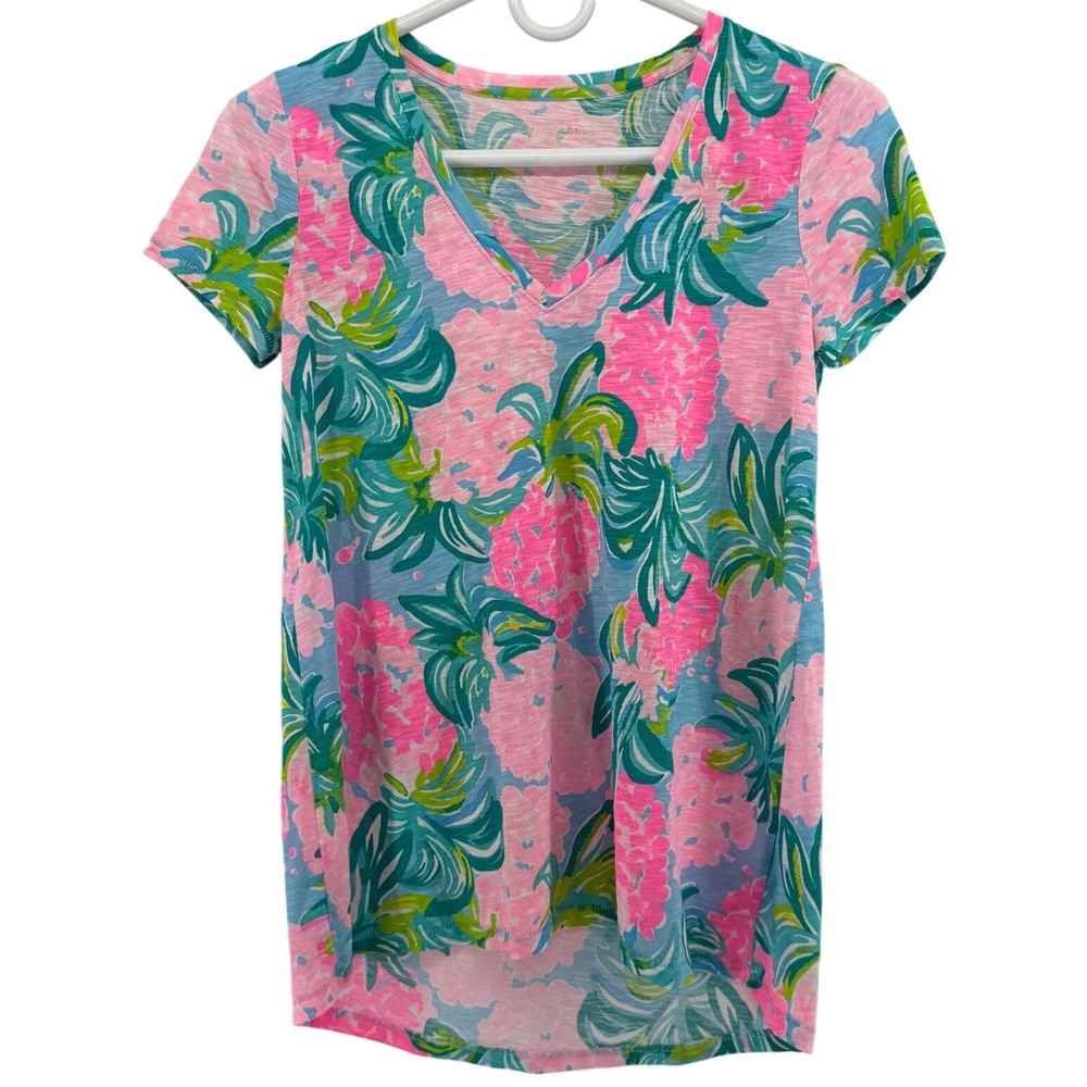 Lilly Pulitzer‎ Etta V-Neck T-Shirt XXS Pink Blue Tropical Floral Cotton Slub